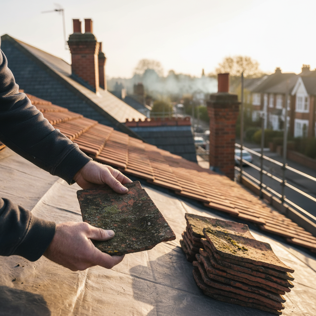 Roofer comparing an aged clay tile to reclaimed stock on a Victorian house roof