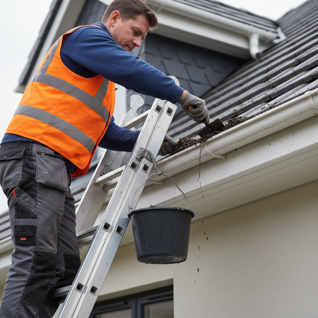 Roofer on a ladder cleaning wet sludge and debris from a white residential gutter