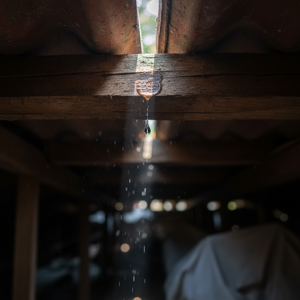 Water dripping from a wooden attic beam with light shining through a small roof gap