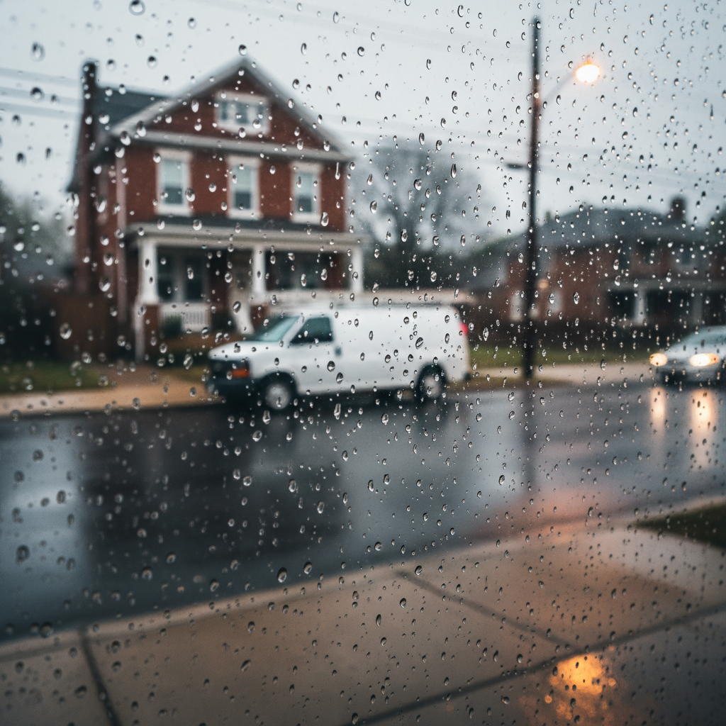 Raindrops on a window with a roofer's van parked on a residential street in the background