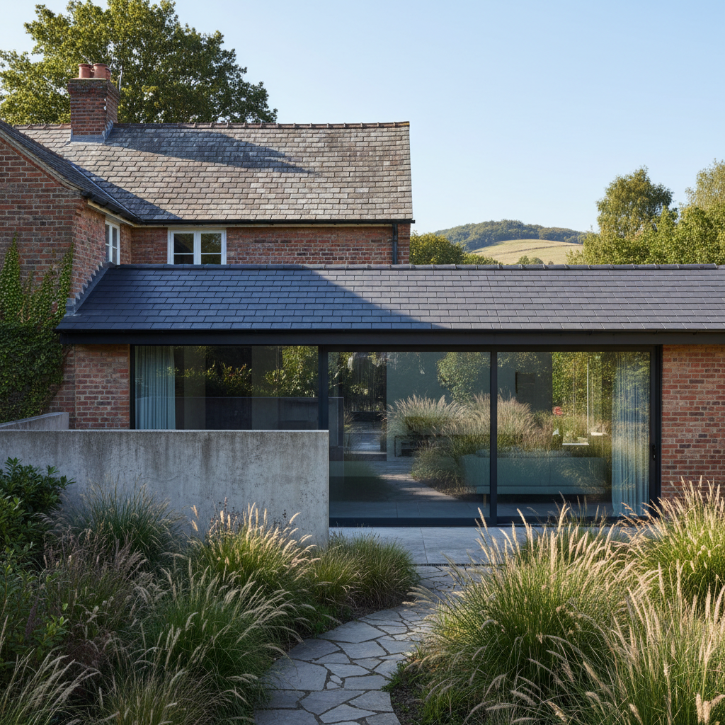 Modern house extension showing a poor color match between new and old roof tiles