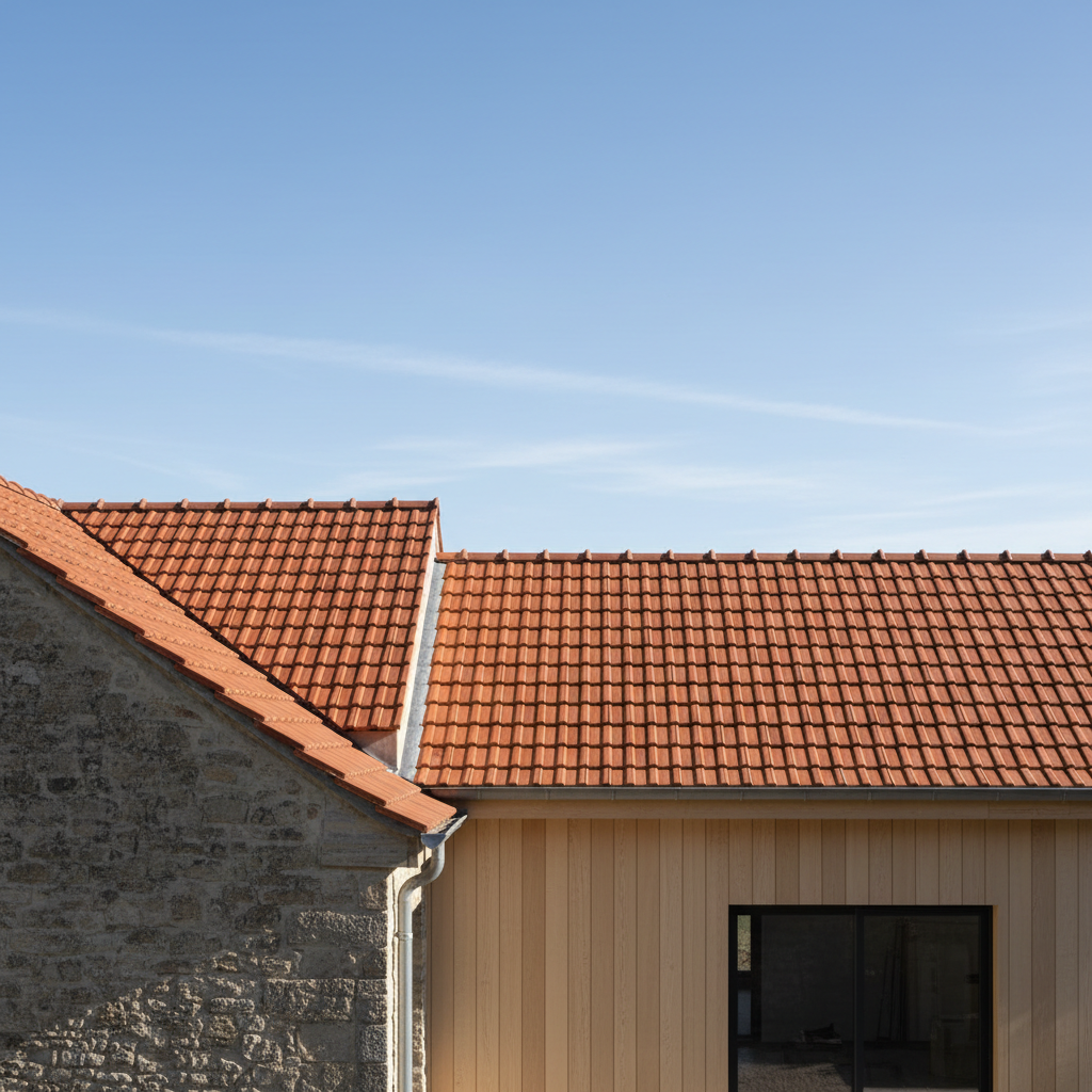 Seamless transition between weathered red clay roof tiles on an old house and matching tiles on a new extension