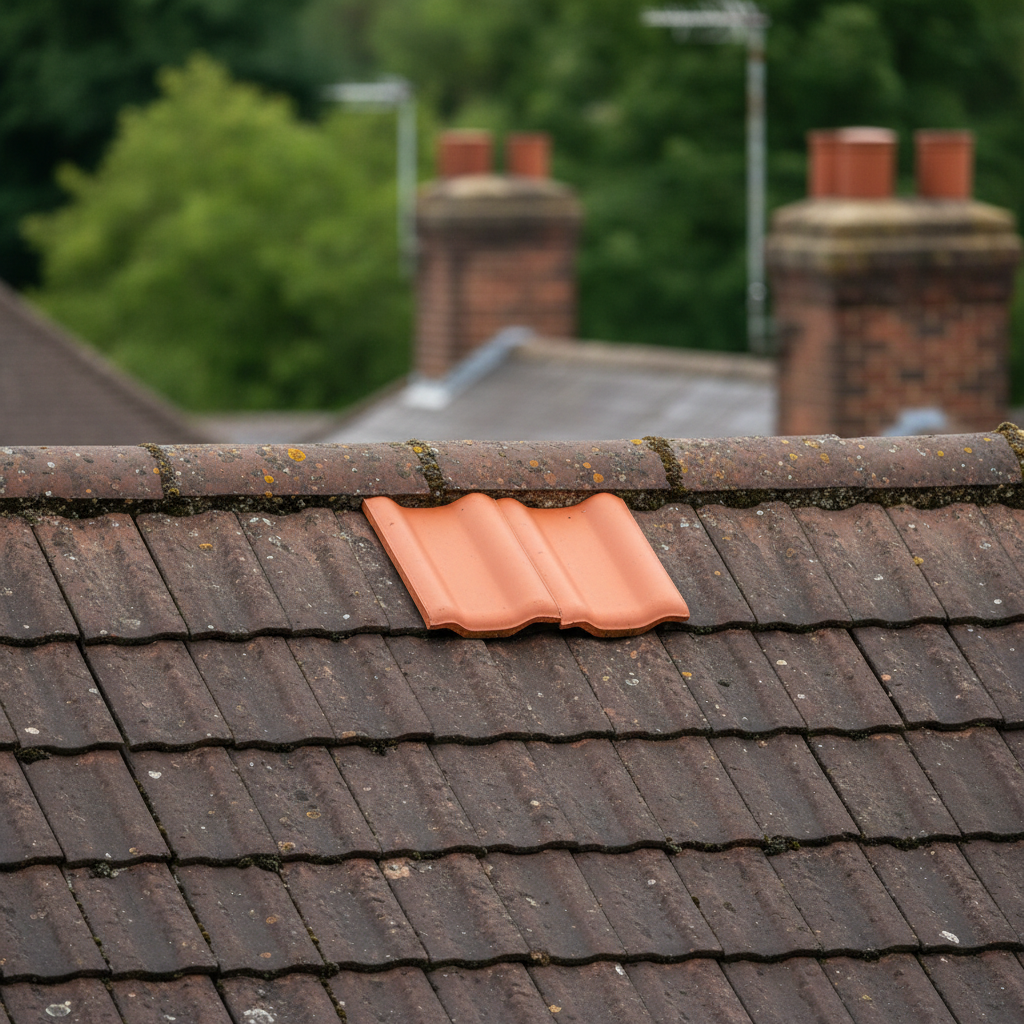 Close up of mismatched roof tiles where new bright orange tiles stand out against old weathered red clay