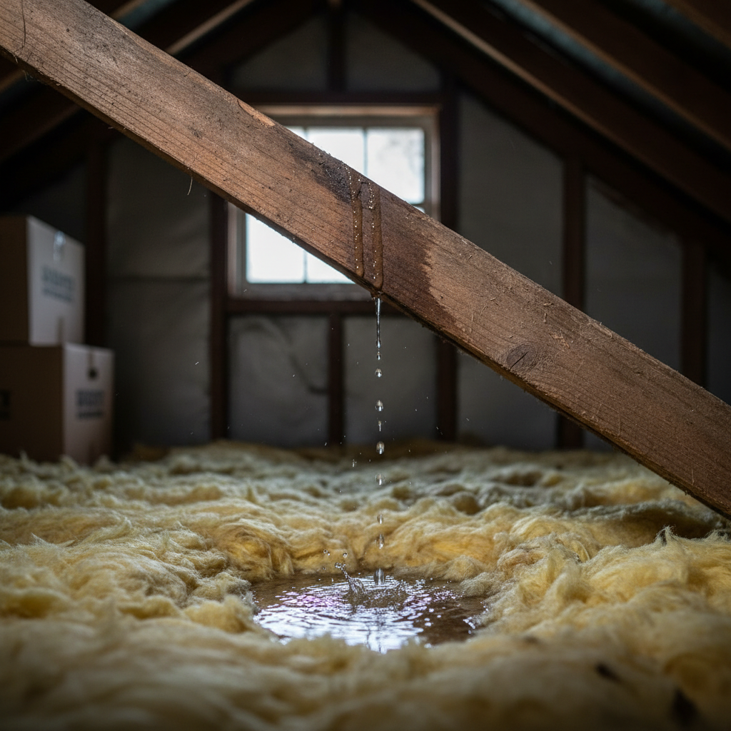 Water leaking down a wooden roof rafter onto attic insulation