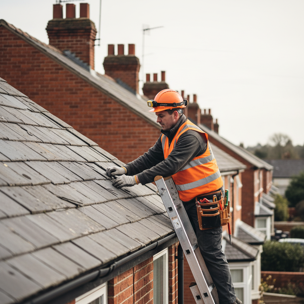 Roofer in a high-vis vest inspecting slate tiles on a red brick terrace house