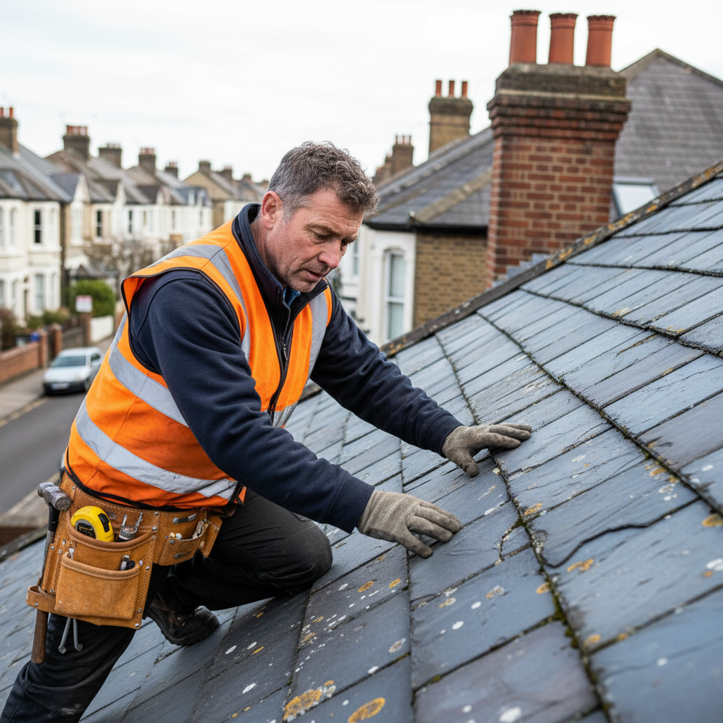 Roofer in a safety vest inspecting slate tiles on a traditional residential roof with brick chimneys in the background