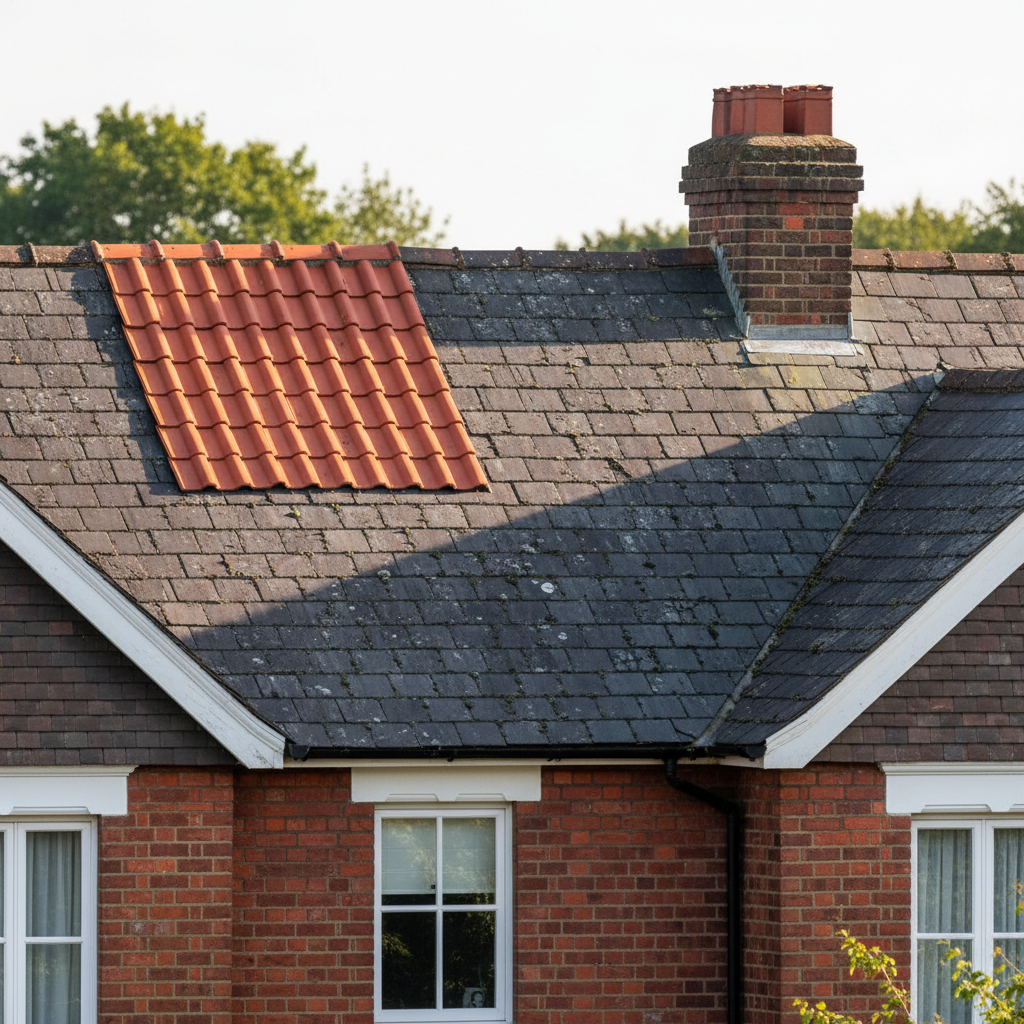 Mismatched orange tiles creating a visible patch on a weathered grey slate roof