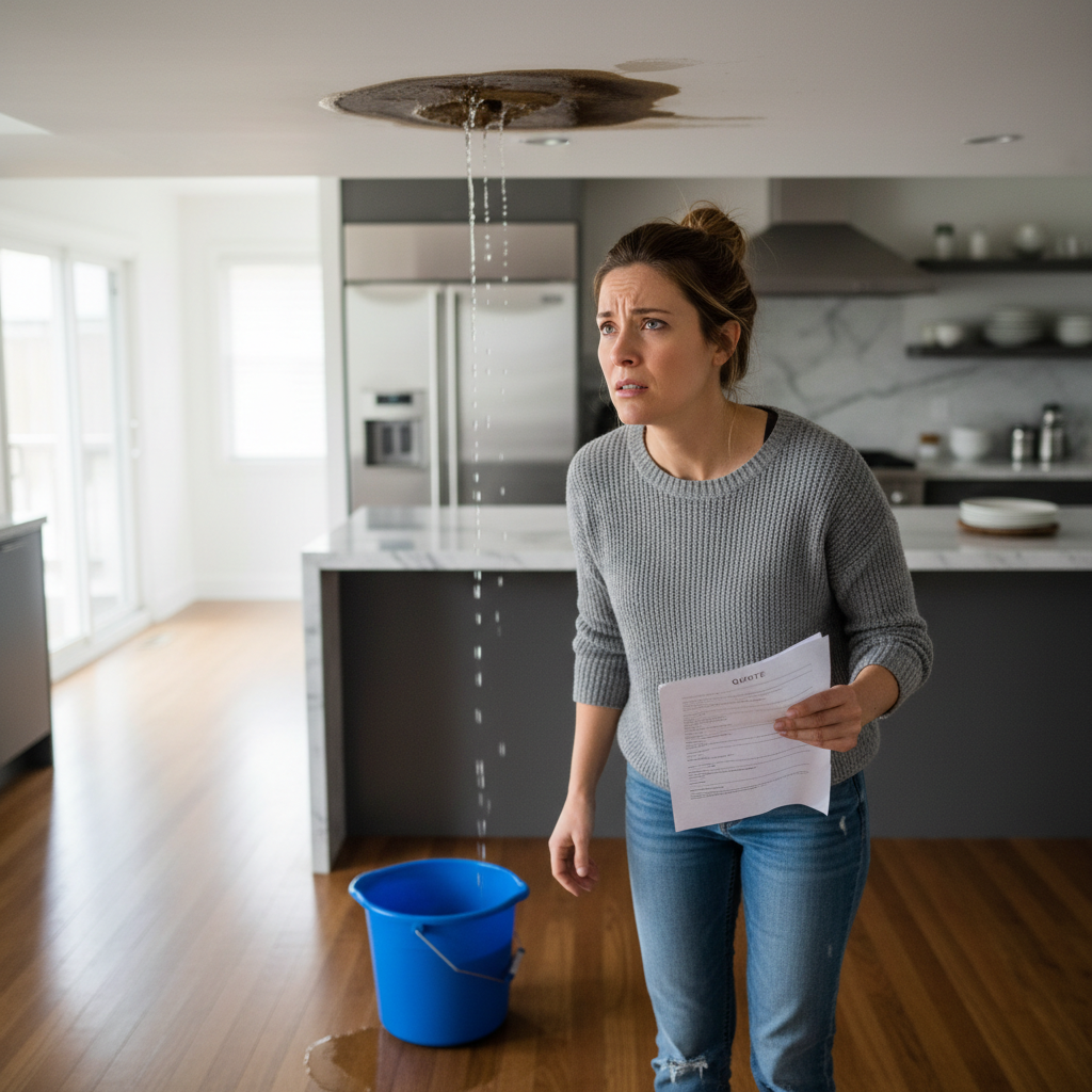 A concerned homeowner looking at a water-damaged ceiling with a bucket on the floor