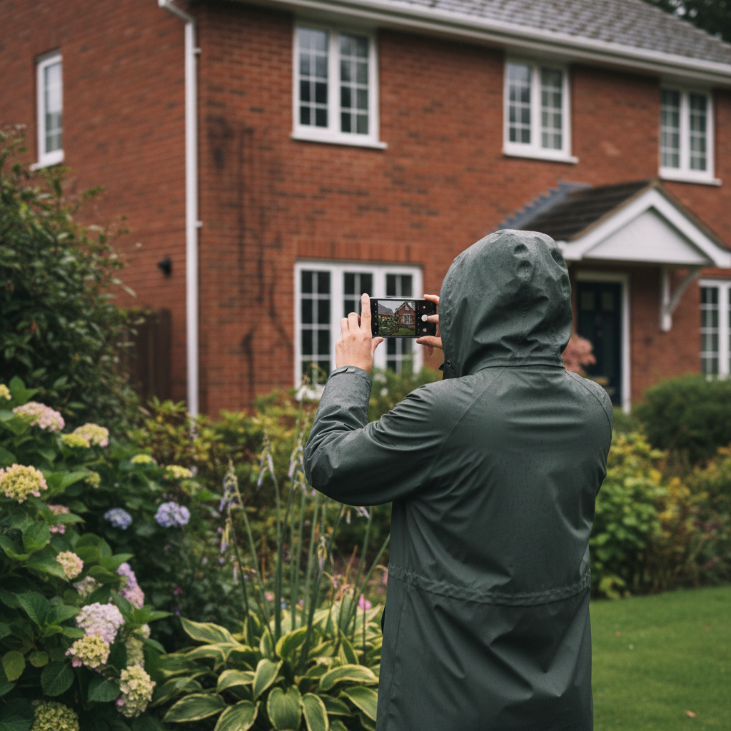 Person using a smartphone camera to inspect roof tiles from the ground after rain