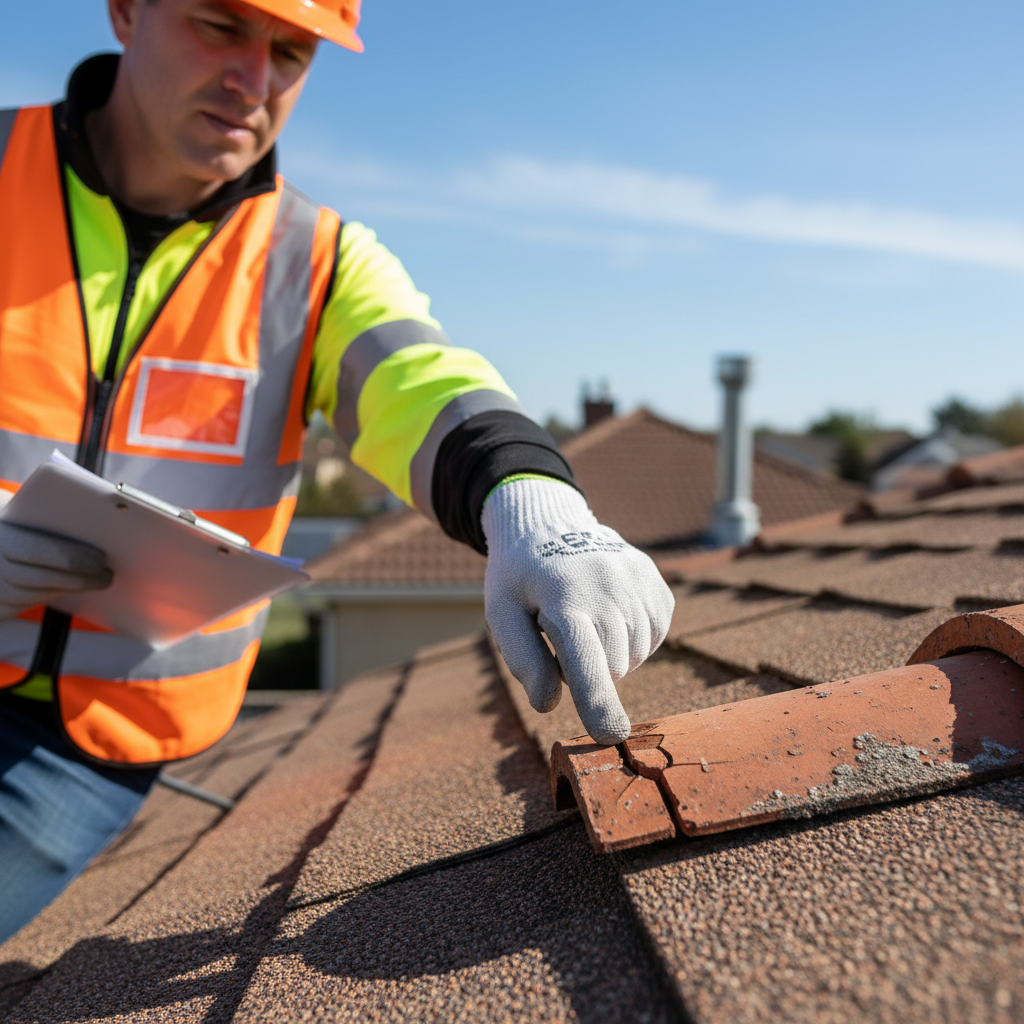 Roofing inspector pointing at a cracked tile on a residential roof while holding a clipboard