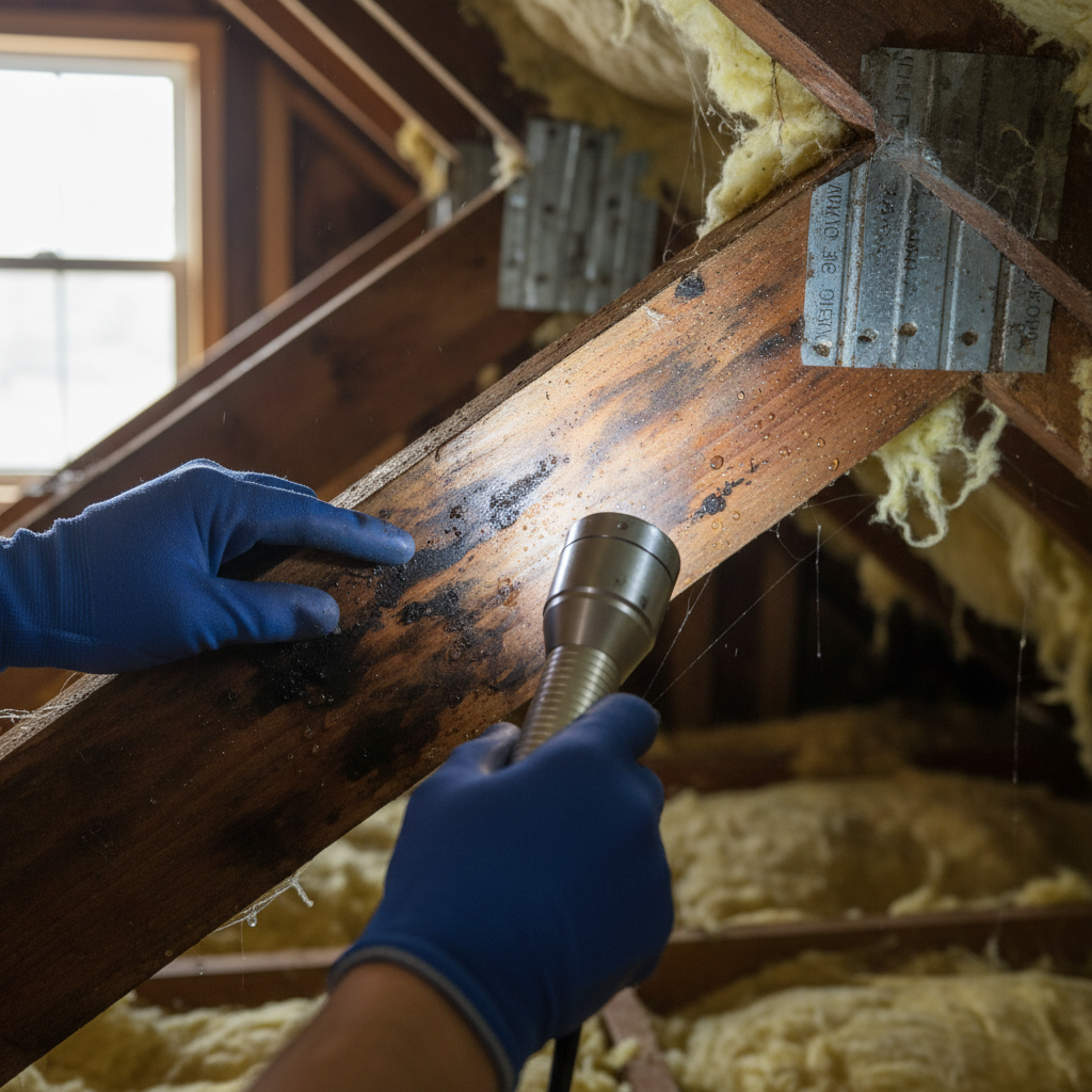 Contractor using a flashlight to examine water damage and damp spots on wooden attic rafters