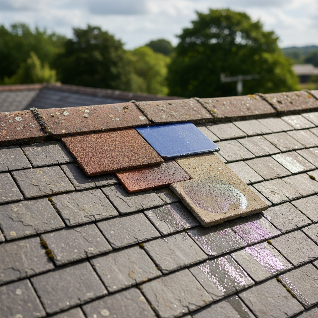 Close up of a poorly repaired roof section with three different types of clashing tiles