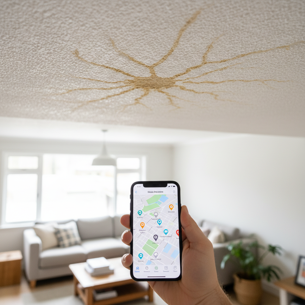 Person holding a phone with local search results while looking at a damp patch on a ceiling