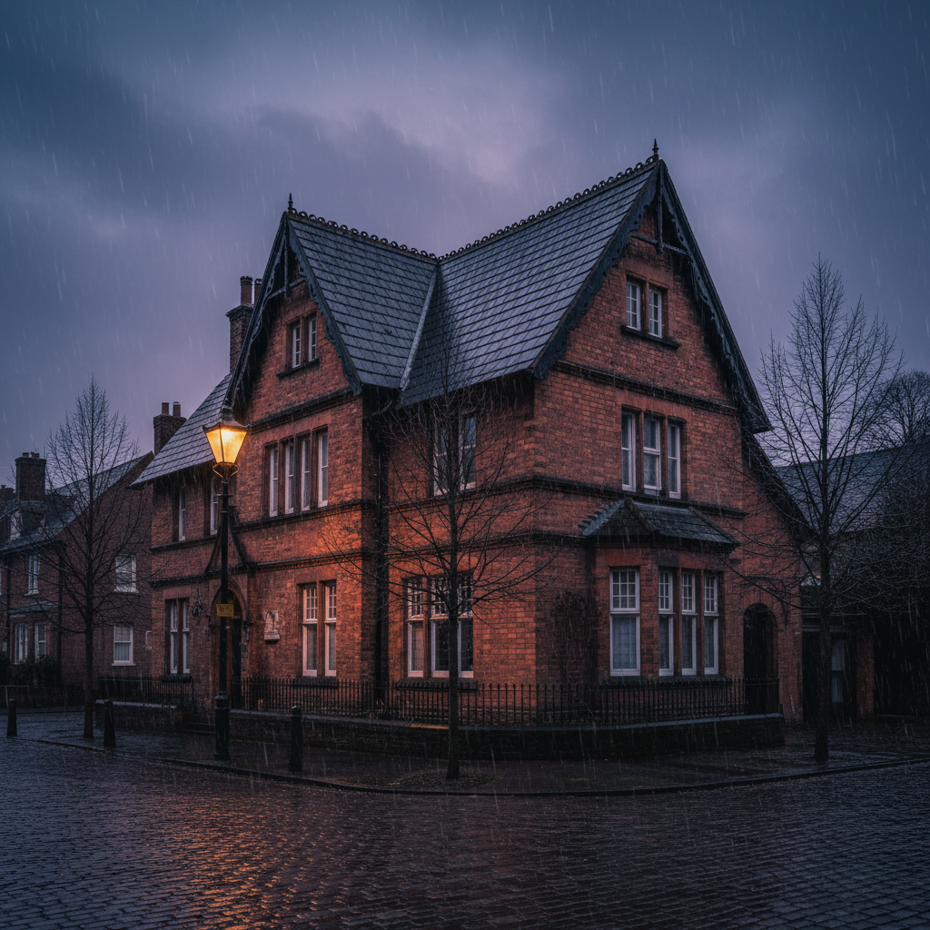 Wet roof tiles on a brick house during a cold rainy evening