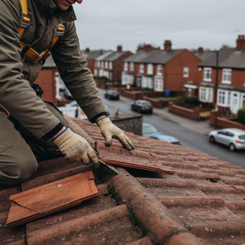 Roofer replacing a damaged clay tile on a residential house roof under a cloudy sky