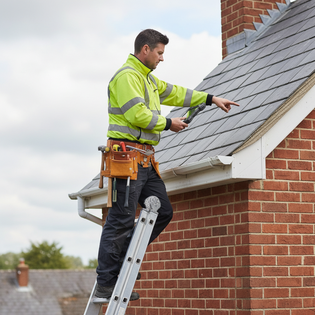 Roofer on a ladder inspecting slate tiles and chimney flashing on a residential brick home