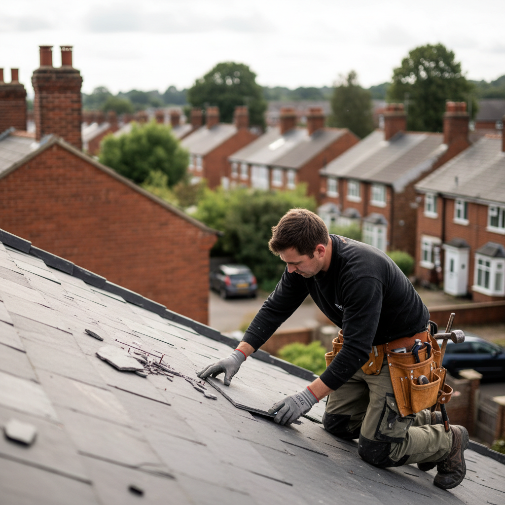 Roofer installing slate tiles on a residential house in a suburban neighborhood