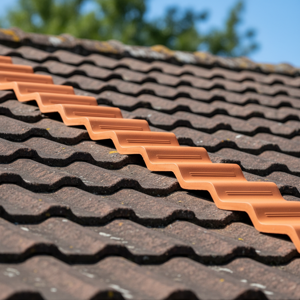 Close up of mismatched roof tiles showing new bright orange tiles next to old weathered brown ones