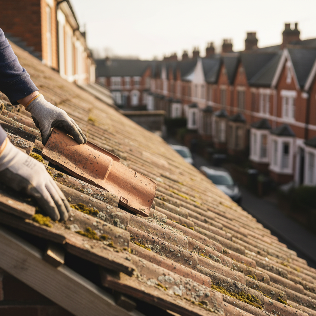Roofer placing a matching weathered clay tile on a Victorian roof to blend with existing historic tiles