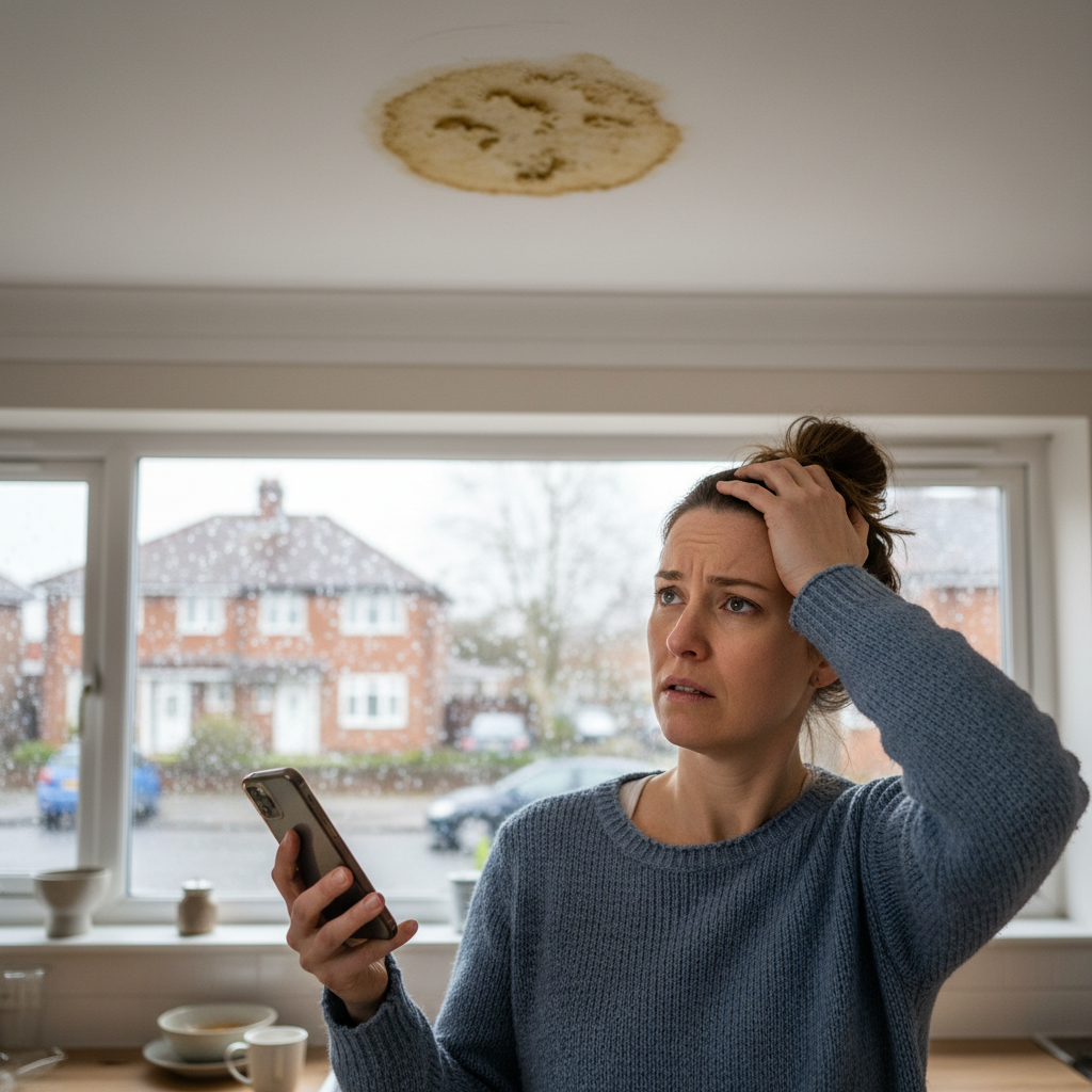 A concerned homeowner looks at a water stain on their ceiling while holding a phone in a kitchen