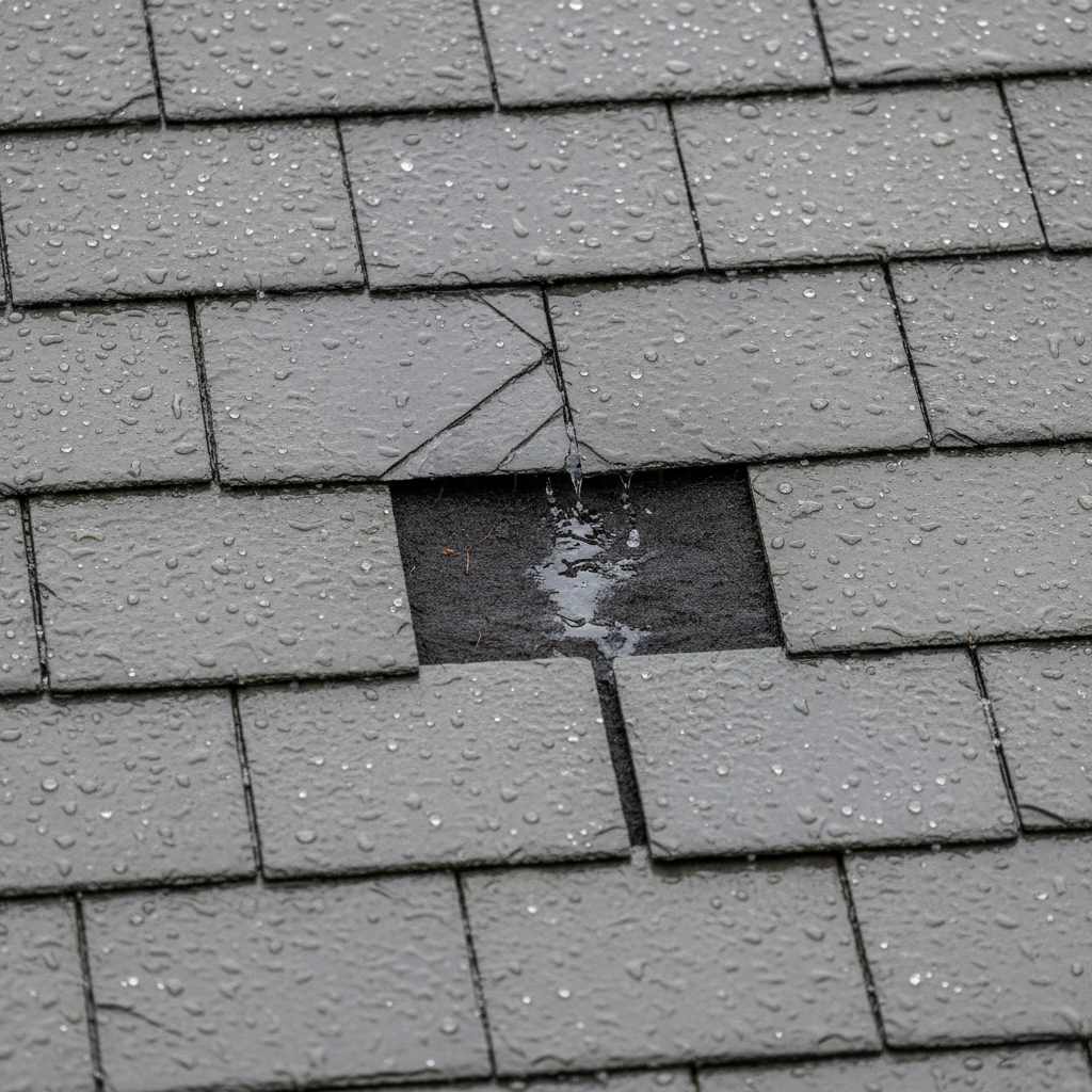 Close-up of a cracked slate tile on a residential roof during rain