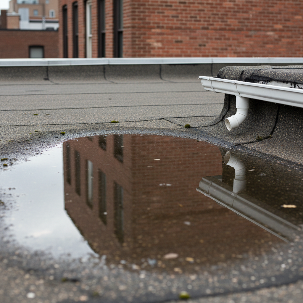 Large puddle of standing water trapped on an uneven flat roof surface near a gutter
