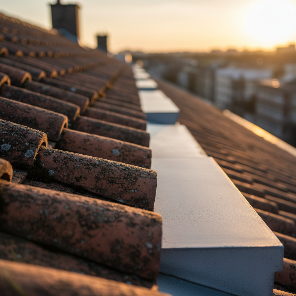Close view of a mismatched modern roof tile sitting among weathered historic clay tiles