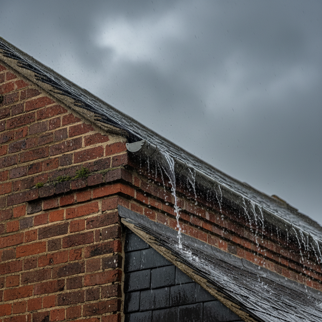 Rainwater overflowing from a house gutter onto dark roof tiles during a heavy storm