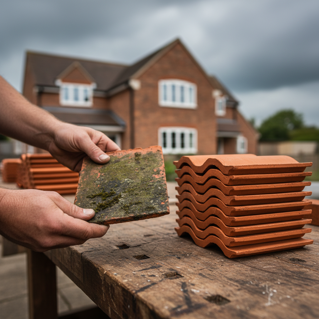 Hands holding a weathered clay roof tile next to a stack of new tiles on a workbench