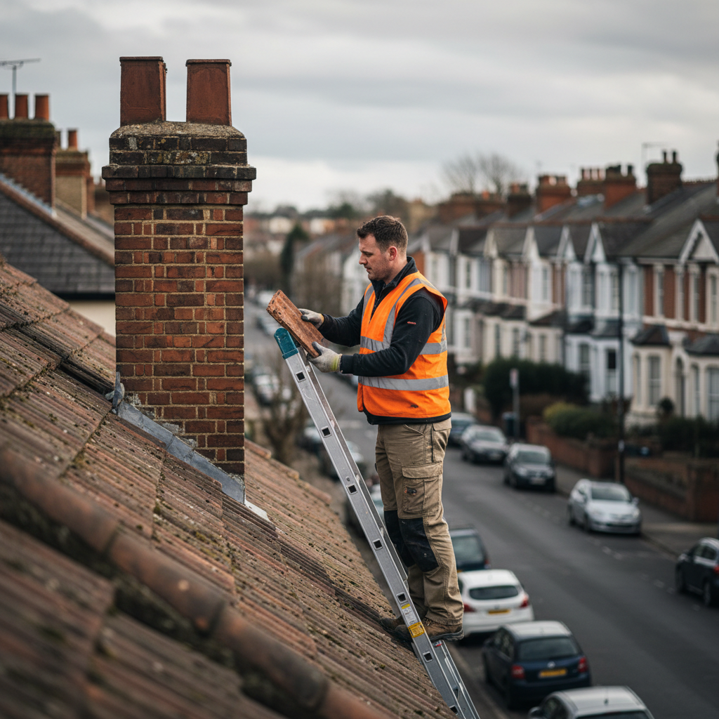 Roofer on a ladder holding a replacement tile against an old roof to check for a color match
