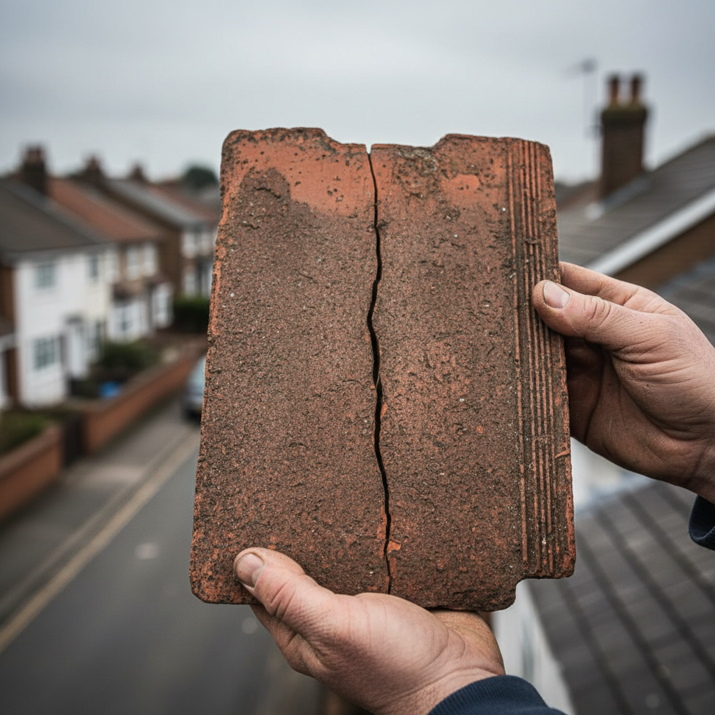A person holding a cracked weathered clay roof tile showing a visible fracture against a blurred street background
