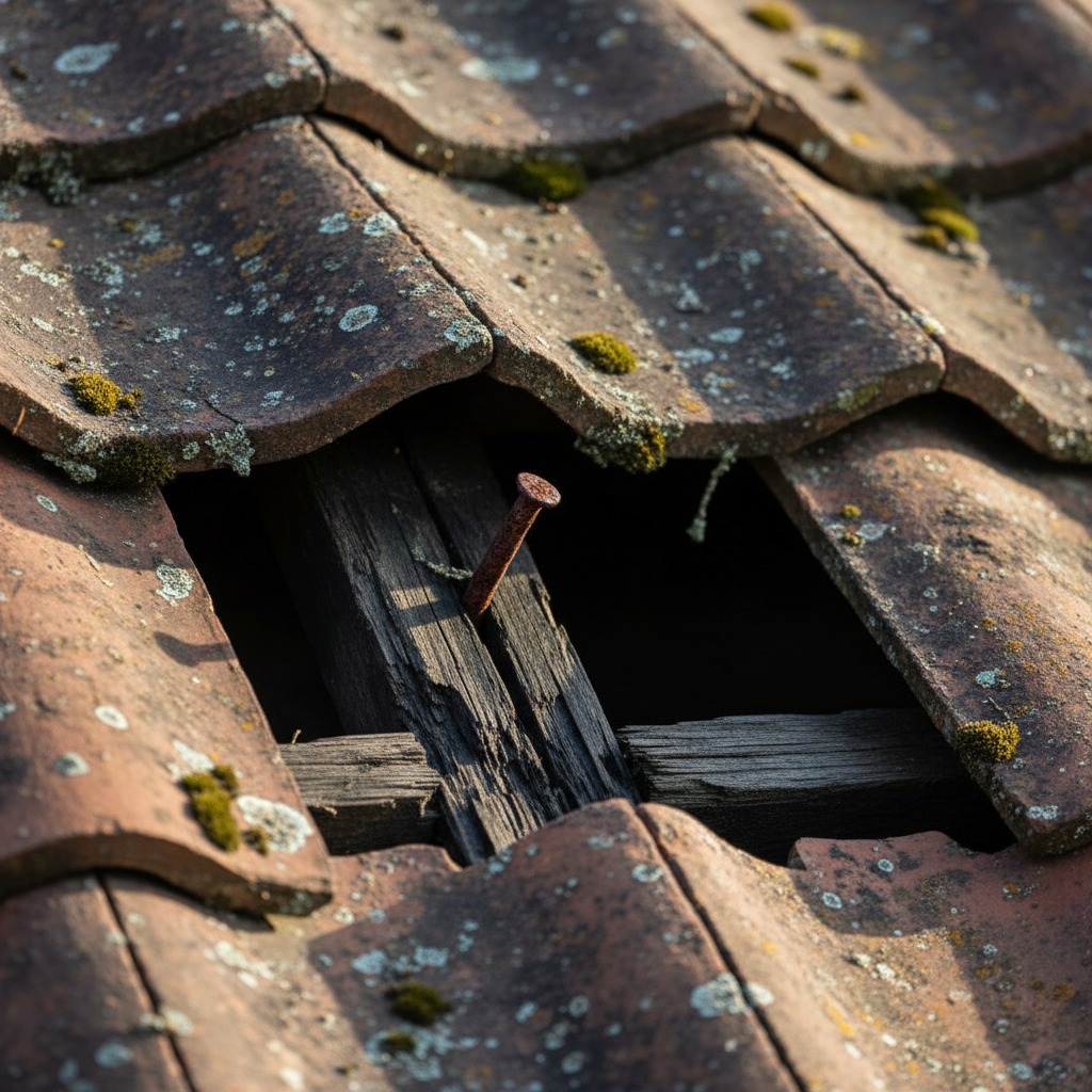 Close-up of a rotted wooden roof batten and rusted nail underneath weathered clay tiles