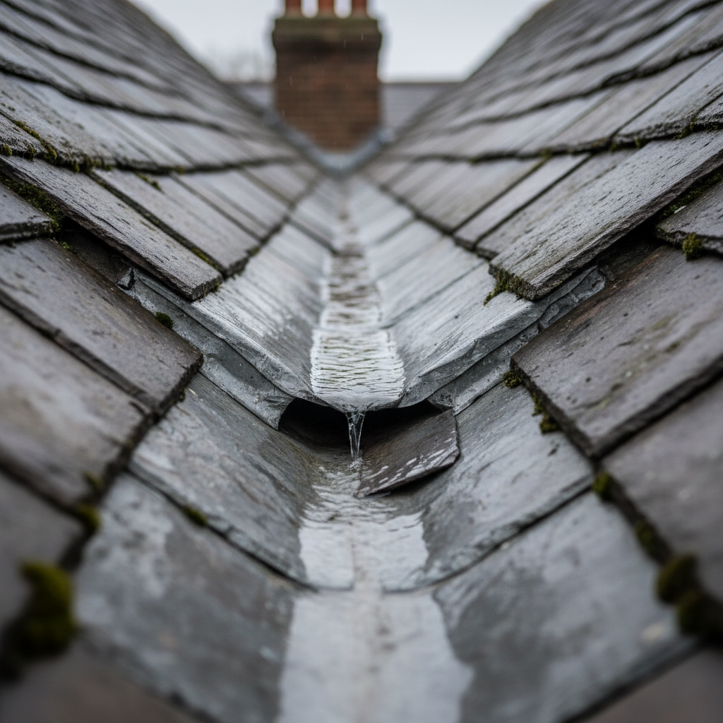 Rainwater flowing down a cracked lead valley gutter between two slate roof slopes on a brick house