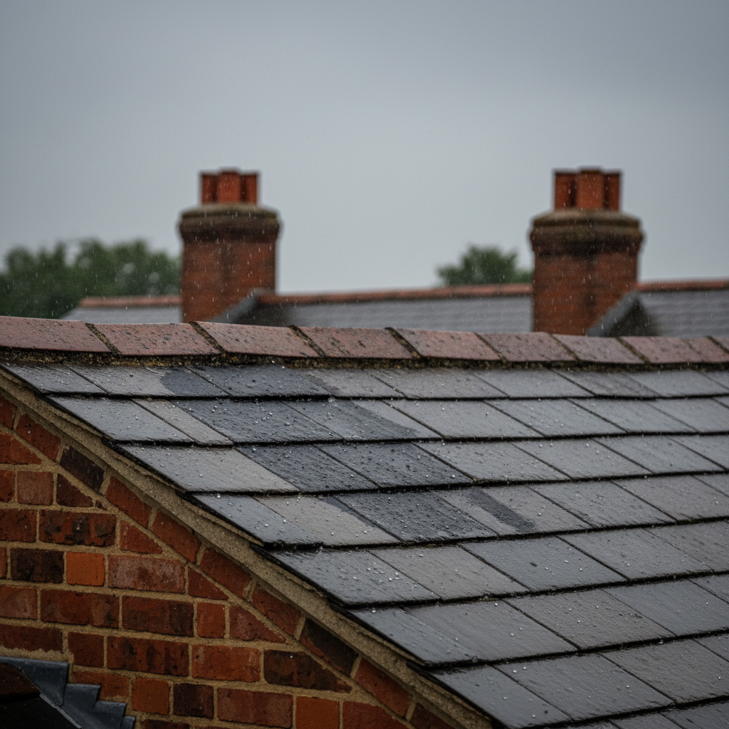 Close up of damp grey roof tiles on a brick house during rainfall