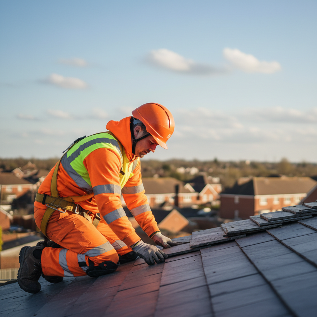 Roofer installing slate tiles on a house under a clear spring sky in a suburban neighborhood