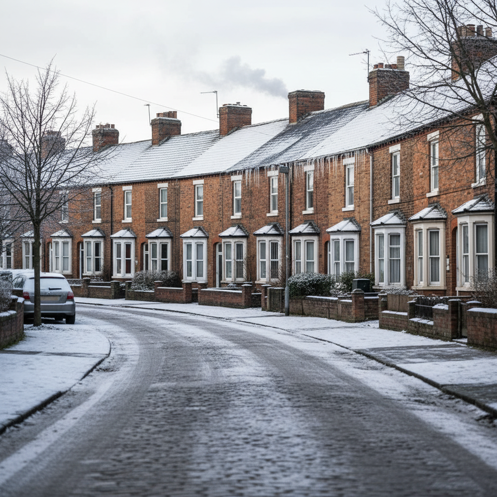 Row of houses in winter with snow remaining on well insulated roofs while one roof shows melted snow