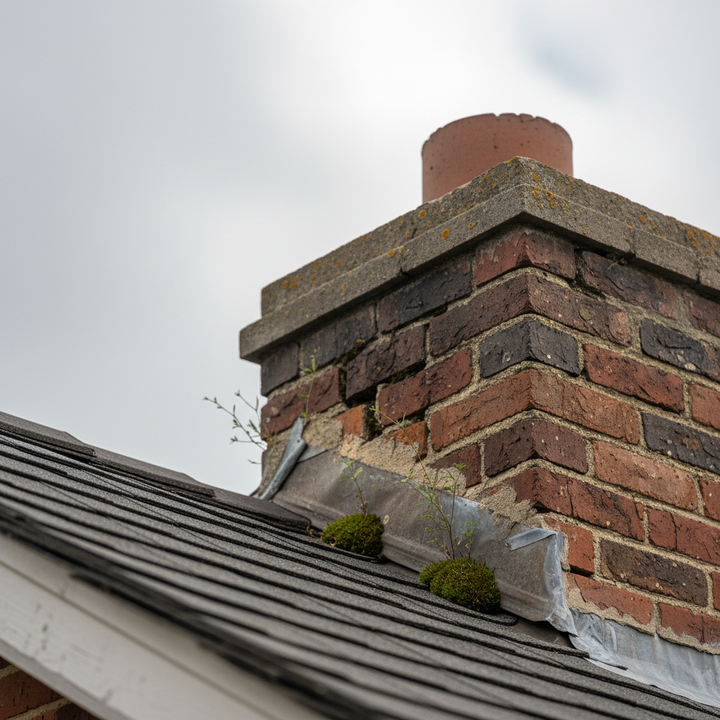 Damaged metal flashing pulling away from a brick chimney stack on a tiled roof