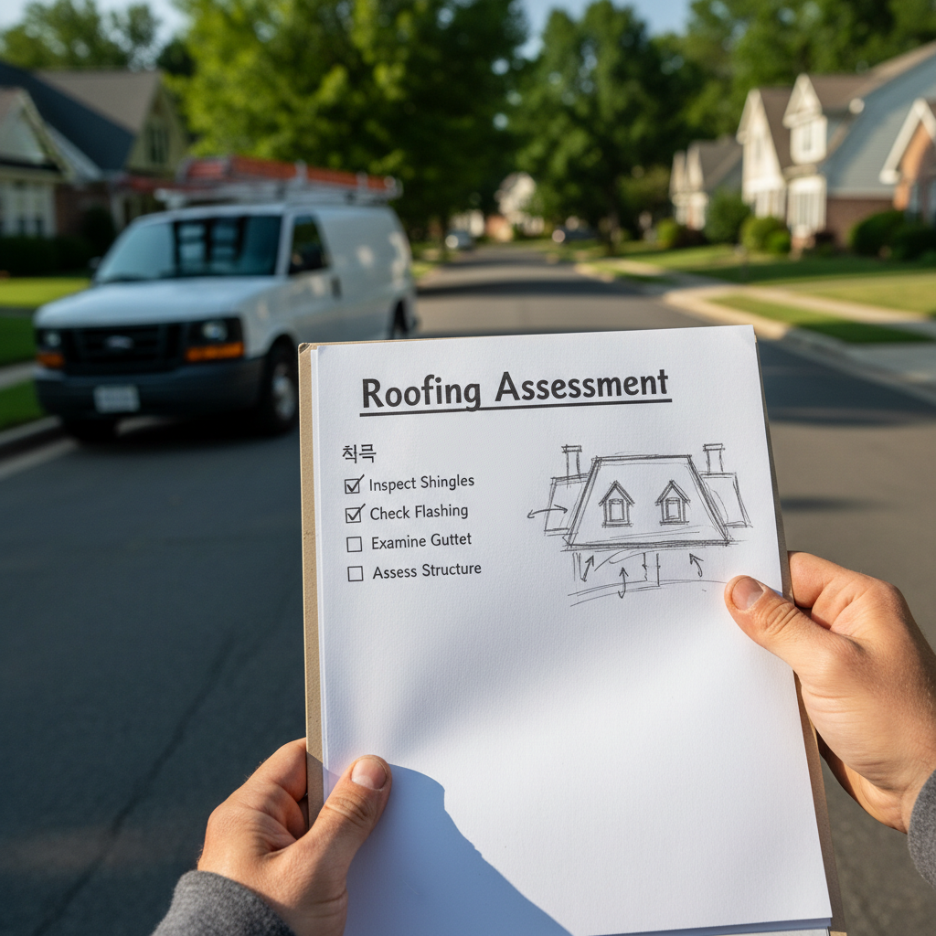 Hands holding a detailed roofing assessment document with a checklist and diagram