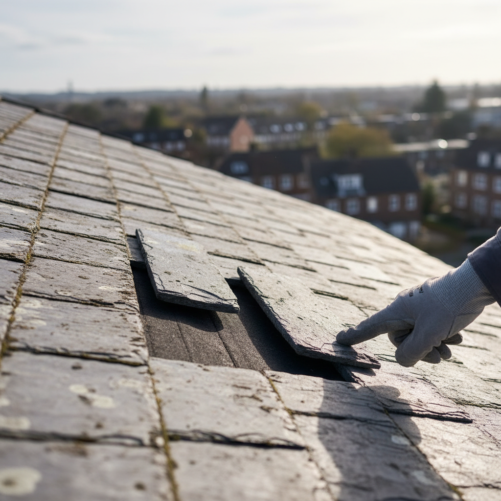 Slipped slate tiles on a residential roof exposing the dark underlayment beneath