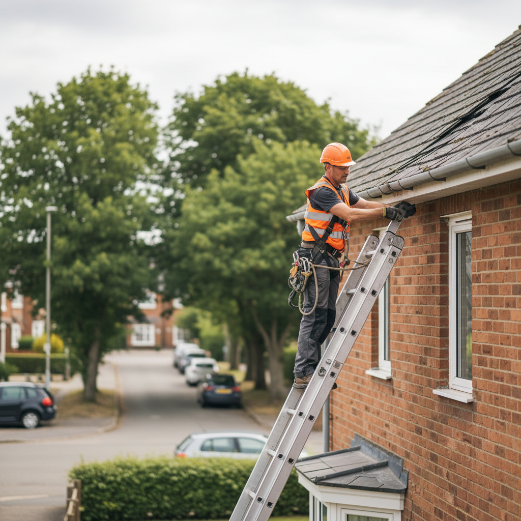 Professional roofer in a safety harness inspecting tiles on a brick house