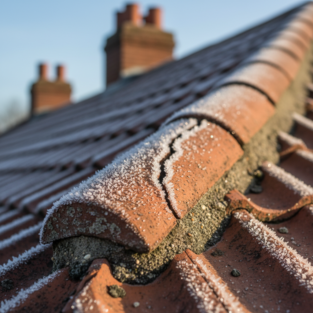 Close up of a cracked red roof tile covered in morning frost