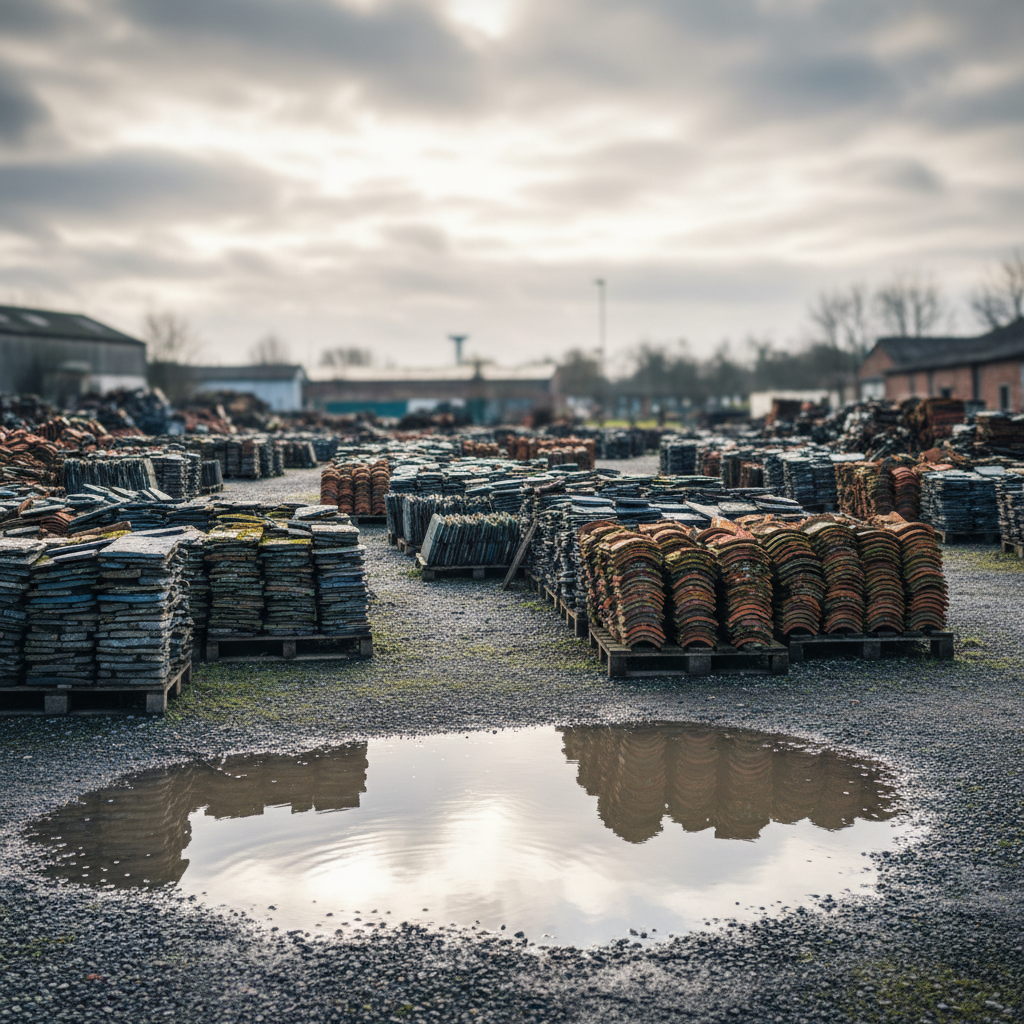 Stacks of weathered mossy roof tiles piled on wooden pallets in a disorganized outdoor salvage yard