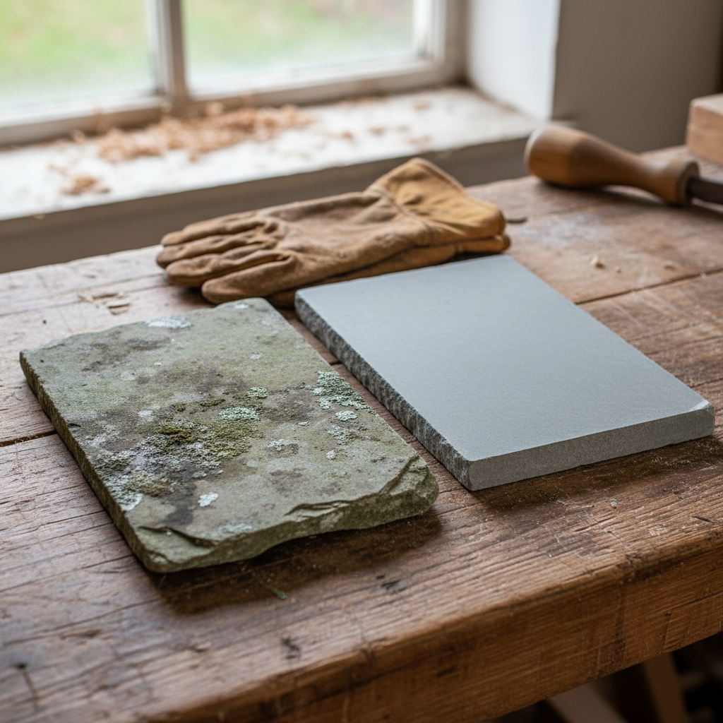 Weathered original stone roof tile next to a matching new replacement tile on a workbench