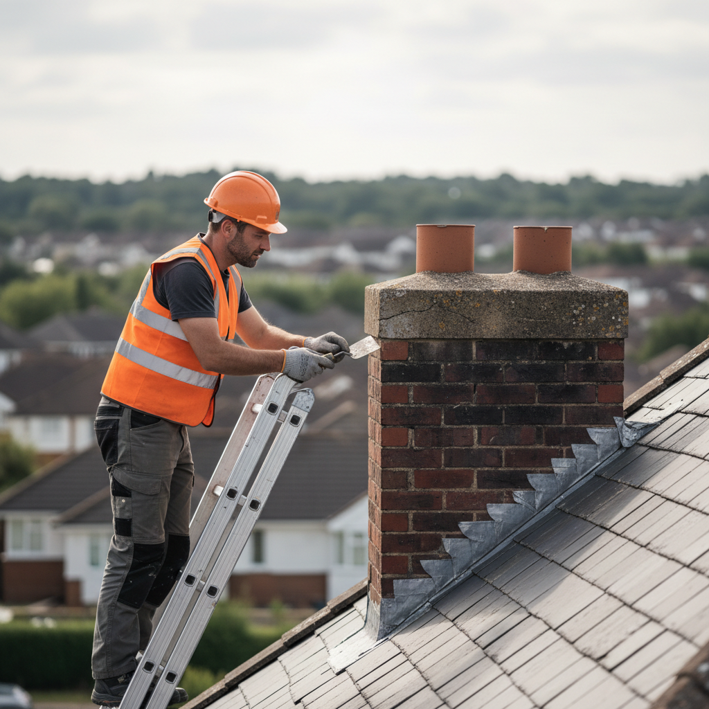 Roofer on a ladder inspecting lead flashing and slate tiles on a residential house