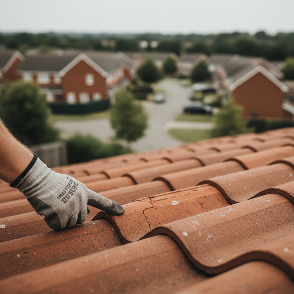 Roofer holding a red clay tile against an existing roof to check for a perfect match during a repair
