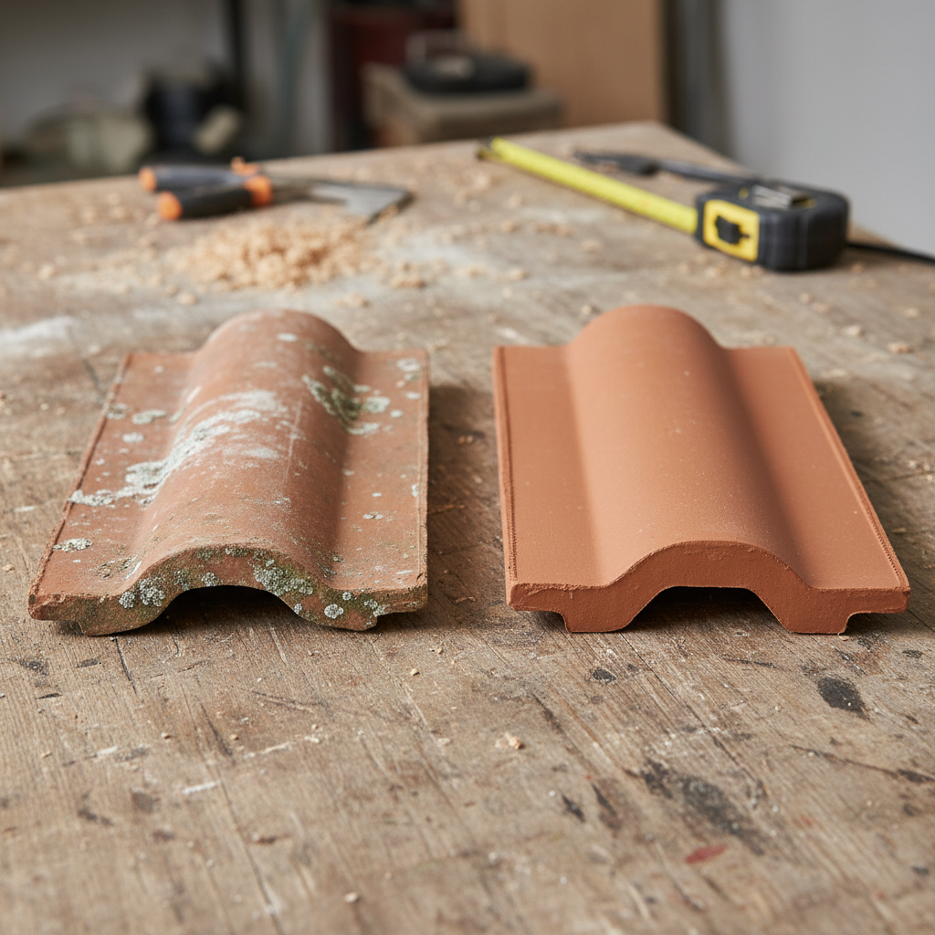A weathered vintage roof tile placed next to a modern replacement tile on a wooden surface