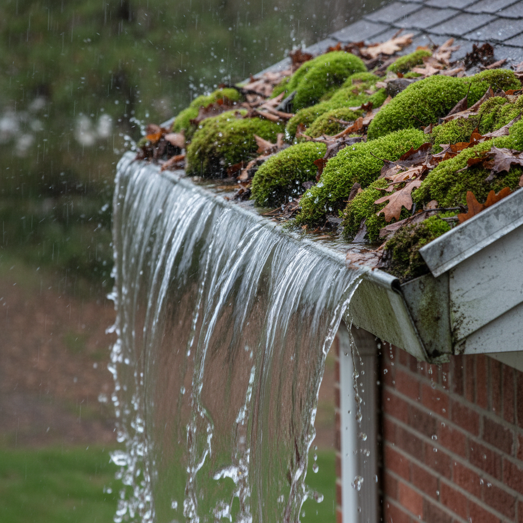 Water overflowing from a gutter clogged with moss and leaves during heavy rain