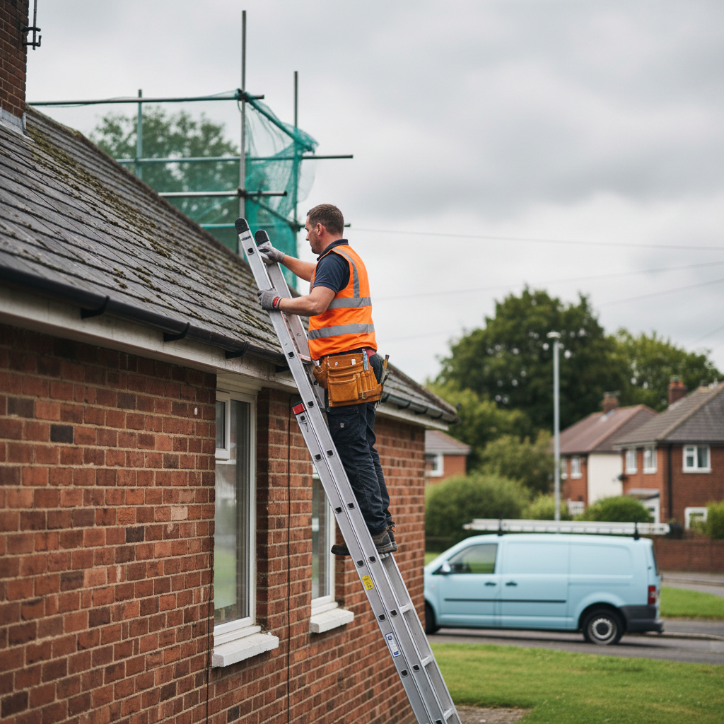 Roofer in high-visibility gear inspecting slate tiles on a brick house under a cloudy sky