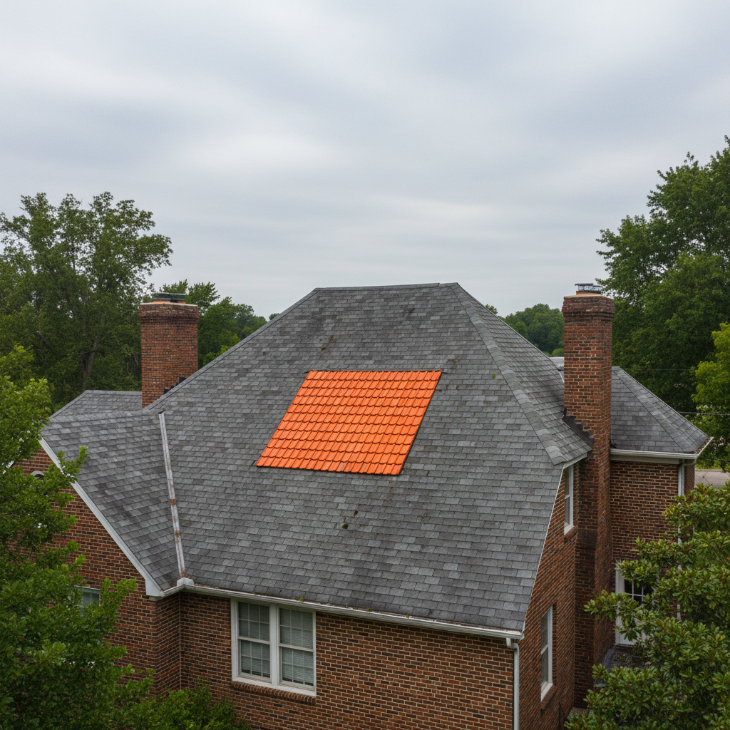 A grey tiled roof with a noticeable patch of mismatched bright orange replacement tiles