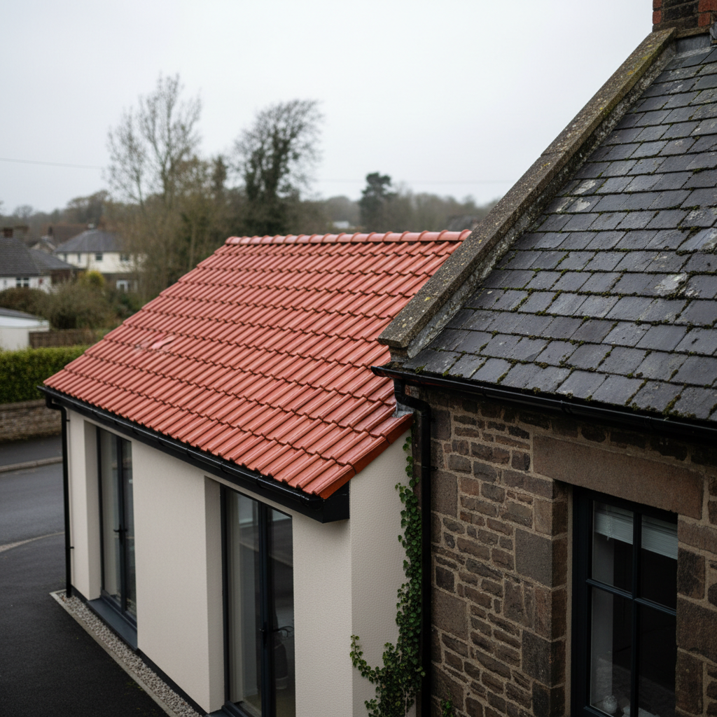 New bright red roof tiles clashing with dark weathered tiles on a home extension